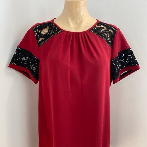 MICHAEL Michael Kors Women's M Red Black Lace Short Sleeve Shift Dress Knee - Picture 2 of 16